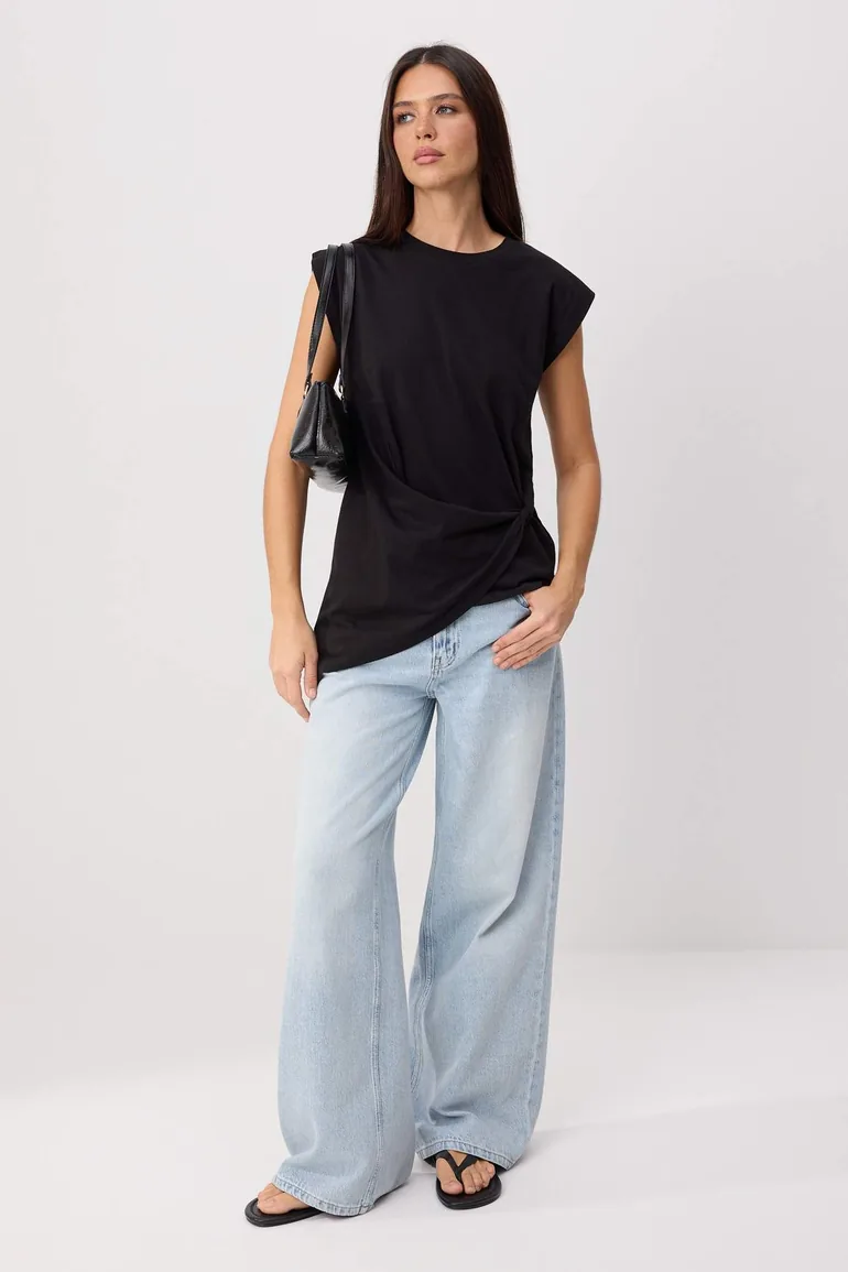 Black Plain Regular Crew Neck Low Sleeve Short 100% Cotton Knitted T-Shirt