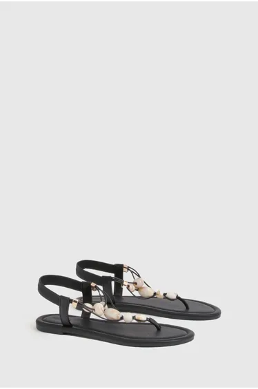 Beaded Toe Post Sandals - black