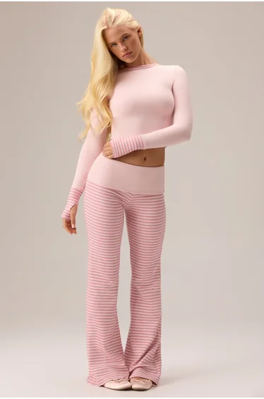 Plush Jersey Wide-Leg Trousers in Berry Stripe