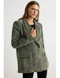Khaki Double-Breasted Regular Fit Corduroy Blazer Jacket - 1