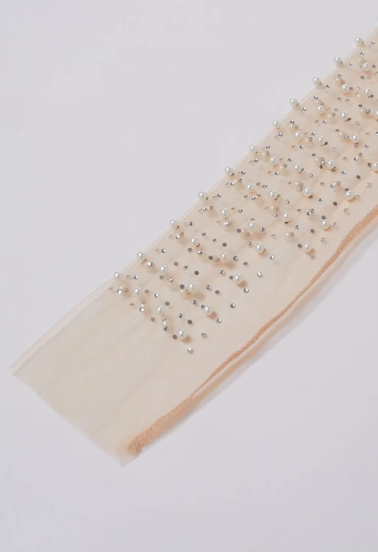 Full Pearl Embellished Sheer Mesh Top in Tan - 7