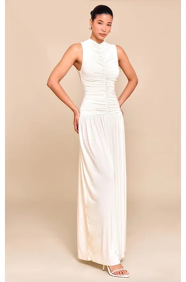 Cream Double Layer Soft Touch Drop Waist Ruched Maxi Dress