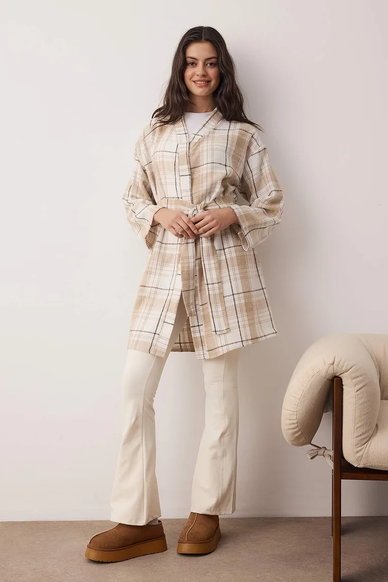 Beige belted plaid winter woven dressing gown