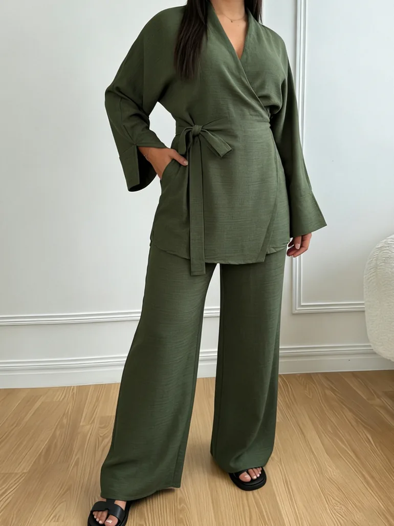 Khaki Long Sleeve Wrap Kimono and Trousers Co-Ords