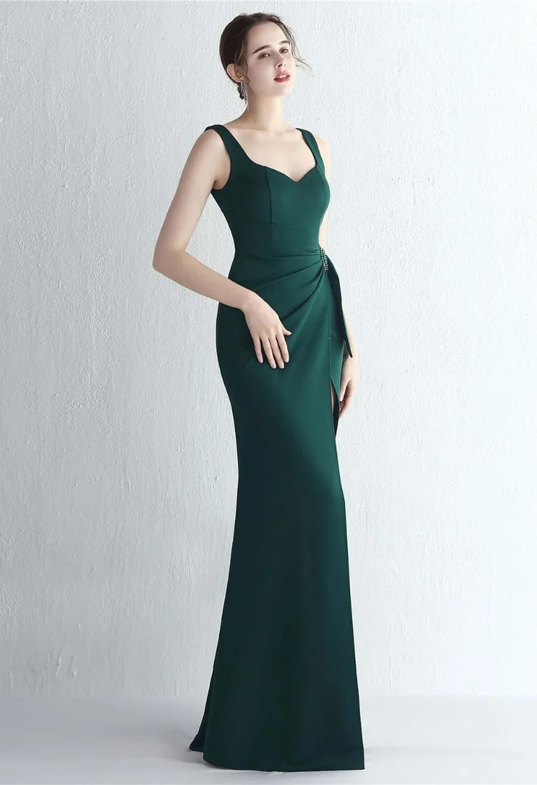 Ruched Waist High Slit Gown in Emerald - 2