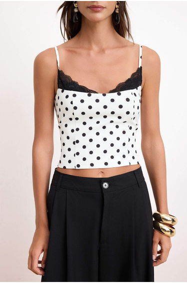 White Polka Dot Lace Detailed Woven Satin Bustier product thumbnail 3