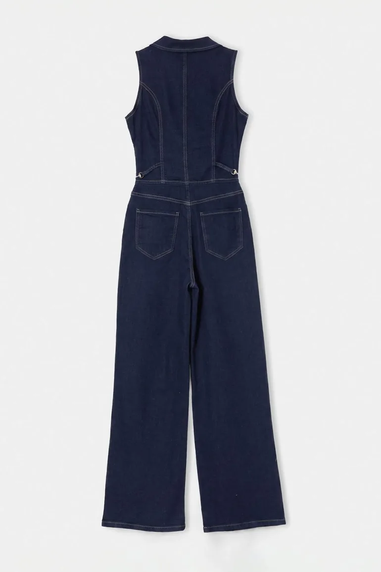 Dark Blue Medium Stretch Shirt Collar Denim Jumpsuit - 7