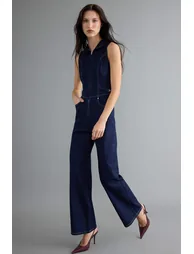 Dark Blue Medium Stretch Shirt Collar Denim Jumpsuit - 1