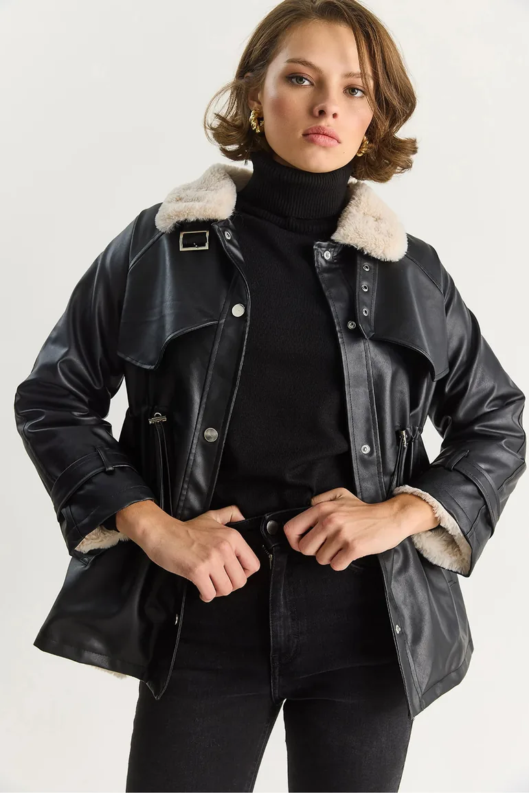 LUCCI Faux Leather Puff Coat with Faux Fur - 4