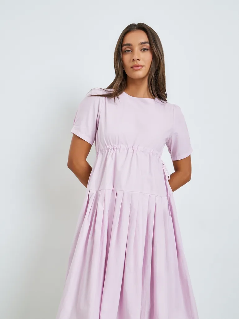 Pink Solid Drawstring Waist Pleated Midi Dress - 1