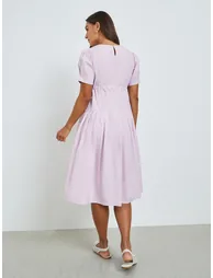 Pink Solid Drawstring Waist Pleated Midi Dress - 4