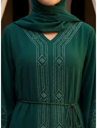 عباية و حجاب نسائي مزين بأحجار - أخضر - 3