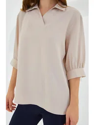بلوزة فضفاضة بأكمام 4/3 بياقة بولو - 3