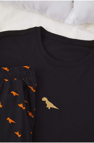 Black Regular Dinosaur Embroidered Knitted Pajama Set product thumbnail 2