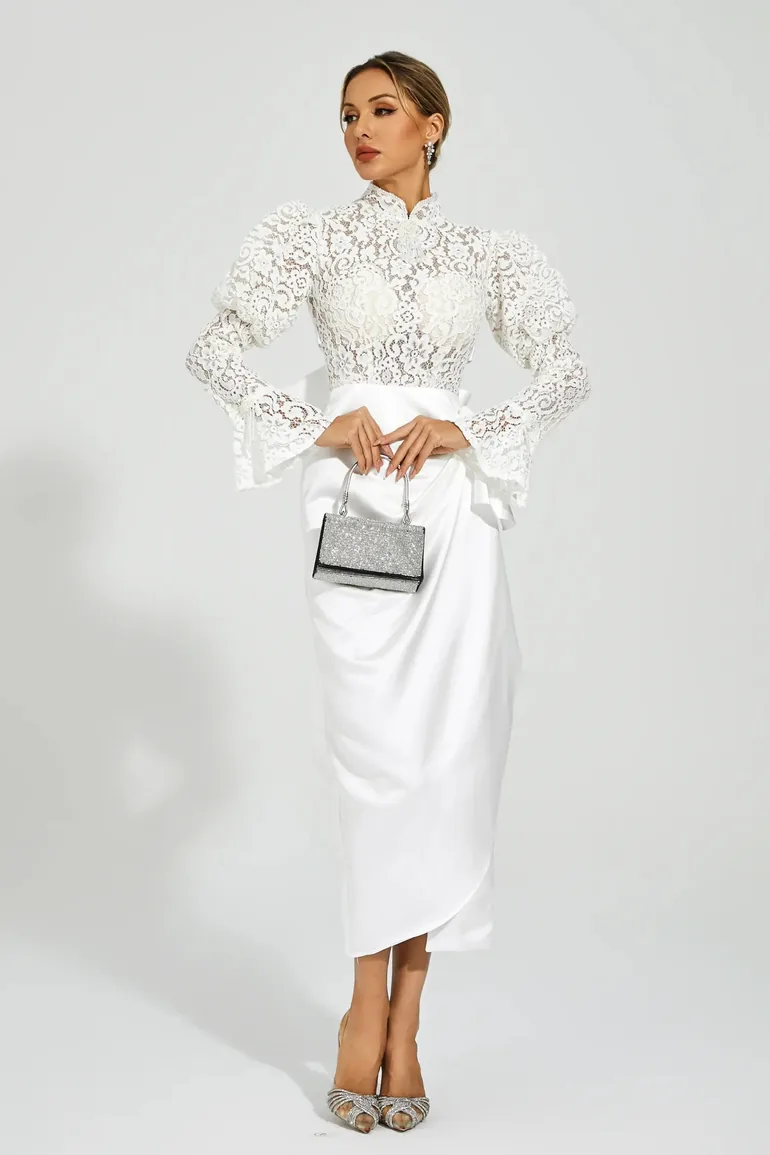 Kailey White Lace  Bubble Sleeve Midi Dress - 3