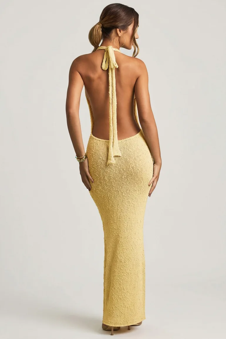 Bouclé Halterneck Maxi Dress in Yellow - 1