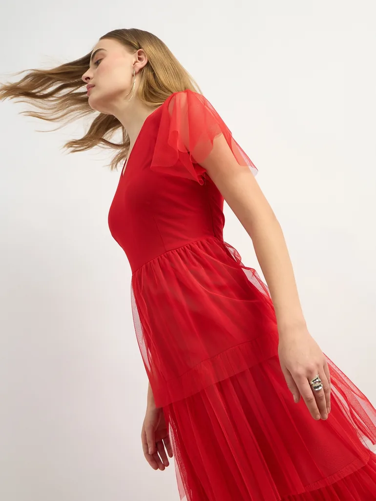 Mesh Layered V-Neck Tiered Maxi Dress - 5