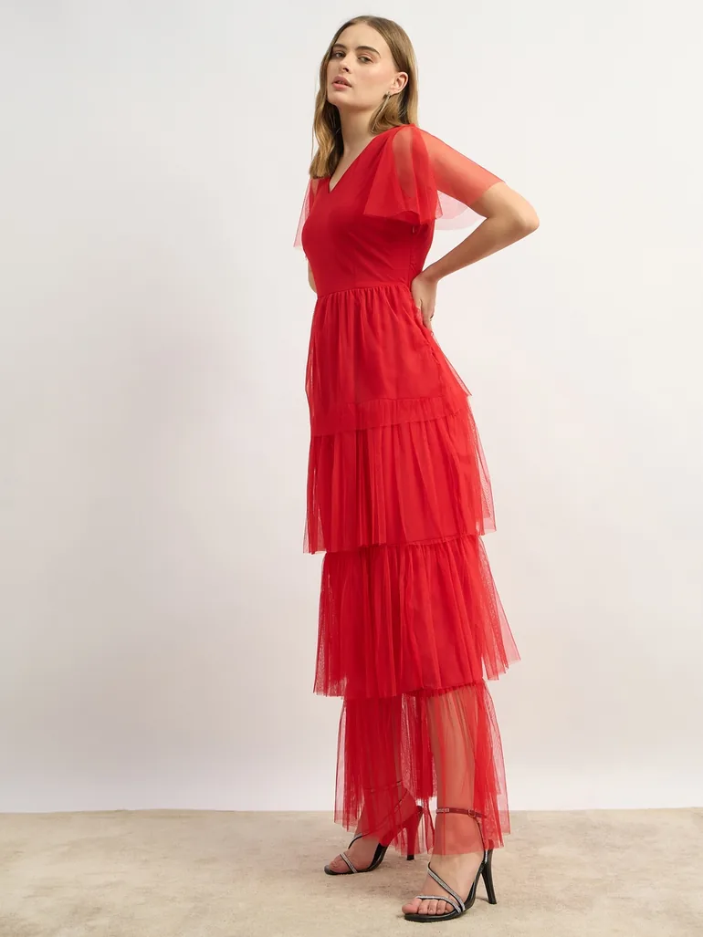 Mesh Layered V-Neck Tiered Maxi Dress - 2