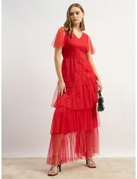 Mesh Layered V-Neck Tiered Maxi Dress - 1