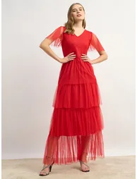 Mesh Layered V-Neck Tiered Maxi Dress