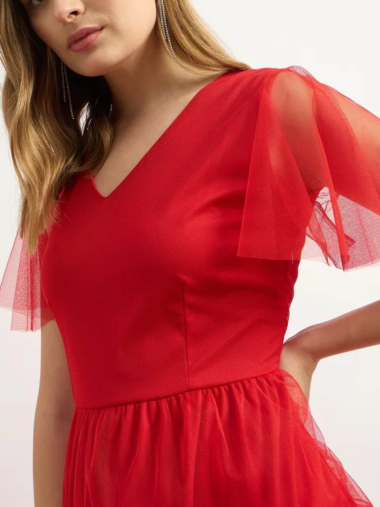 Mesh Layered V-Neck Tiered Maxi Dress - 3