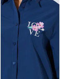 Navy Blue Long Sleeve Embroidered Shirt - 3