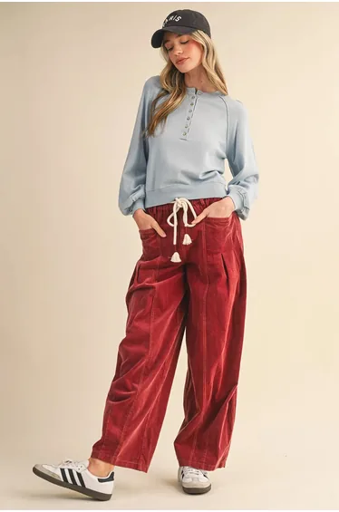 Lvness Racing Red Elastic Waist Drawstring Corduroy Casual Pants