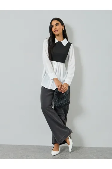 White Color Block Long Sleeve Top