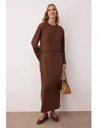 Dark Brown Unlined Plain Knit Interlock Dress - 1