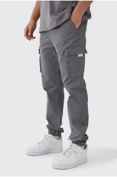 Slim Fit Elasticated Waist Woven Tab Cuffed Cargo Trousers - charcoal
