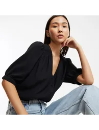 Loose Fit Blouse with V-Neck and Short Sleeves - 2