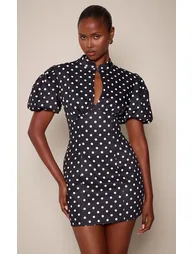 Black Polka Dot Woven Puff Sleeve Keyhole Mini Dress