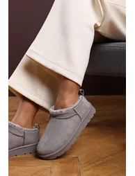 Avara Cosy Grey Fur Lined Suede Micro Ankle Mules - 2