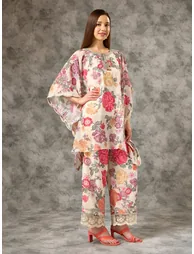 Off White Printed Zari Embroidered Detail Kaftan Co-ord Set - 2