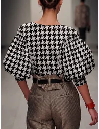 Split-Joint Printed Houndstooth Contrast Color Puff Sleeves Loose Boat Neck Blouses&shirts Tops - 3