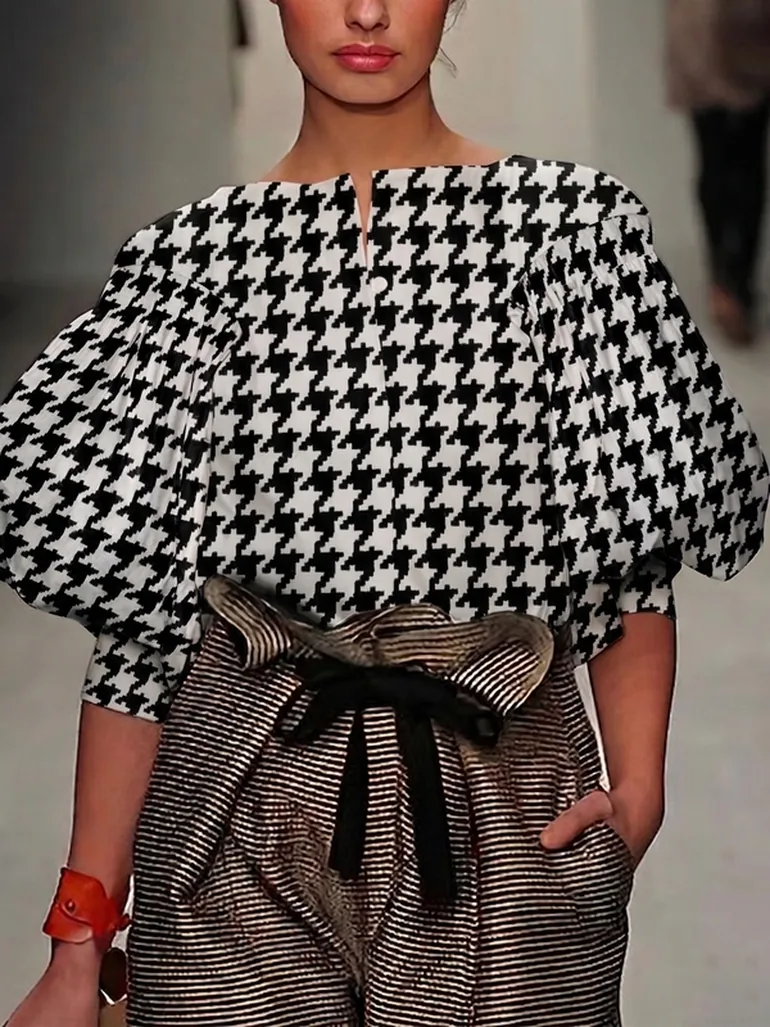 Split-Joint Printed Houndstooth Contrast Color Puff Sleeves Loose Boat Neck Blouses&shirts Tops - 1