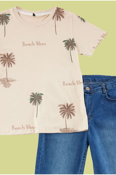 Beige Boy Patterned Short Sleeve T-shirt -Jean Trousers Set Top and Bottom Suit product thumbnail 4