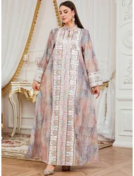 Women Sequin Embroidered Panel Notch Neck Jalabiya