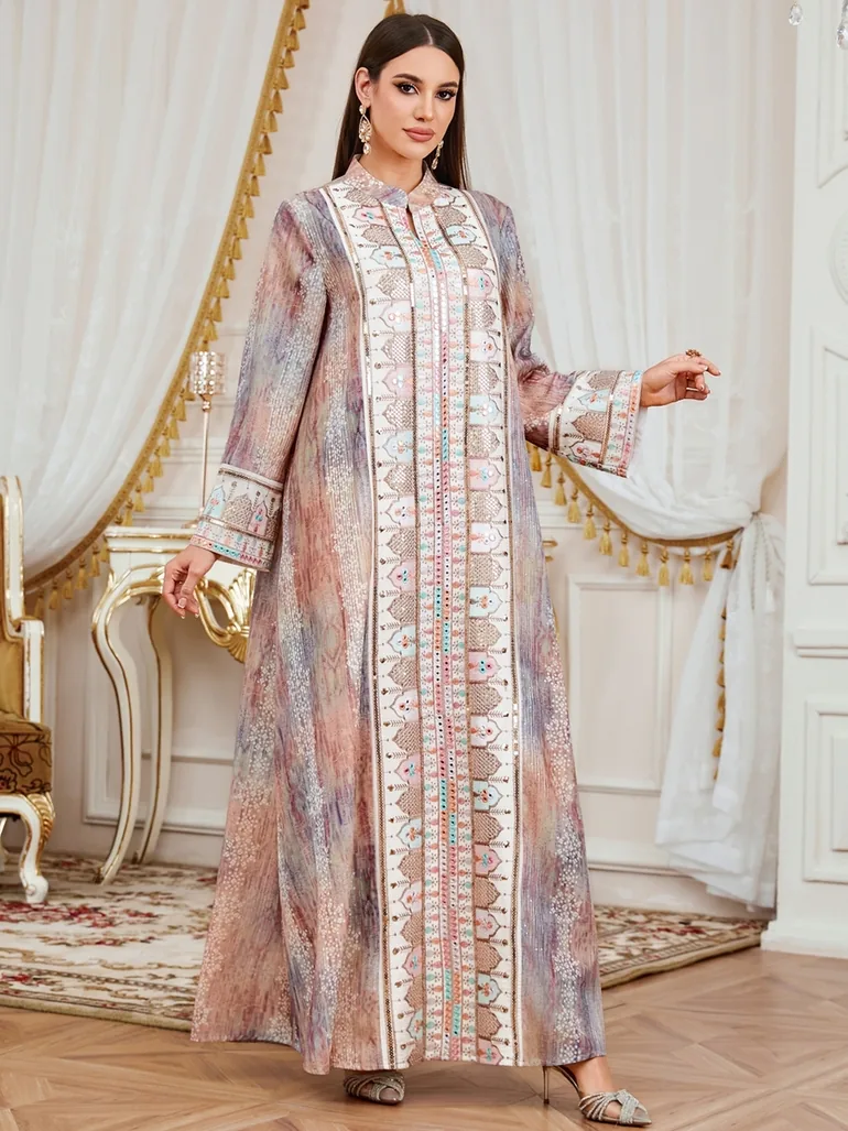 Women Sequin Embroidered Panel Notch Neck Jalabiya - 4
