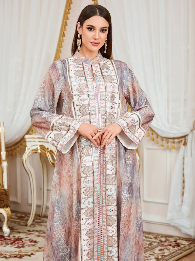 Women Sequin Embroidered Panel Notch Neck Jalabiya - 2