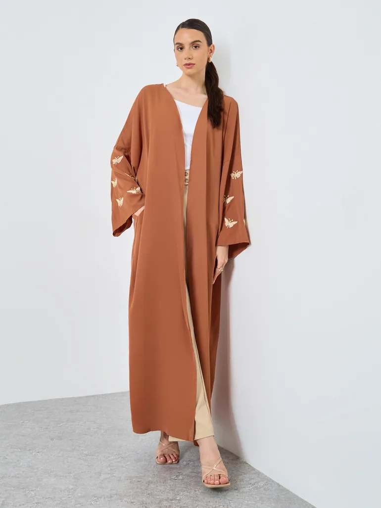 Embroidery Sleeve Open Front Abaya - 1