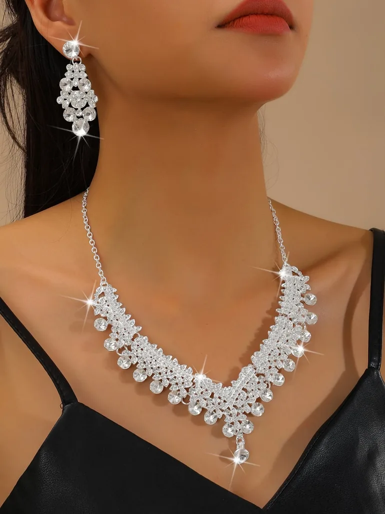 2-Piece Embellished Rhinestone Drop Necklace and Earrings Jewelry Set - 1