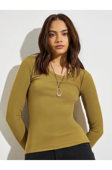 Olive Round Neck Ribbed Knit Top
