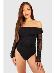 Tall Off The Shoulder Mesh Bodysuit - black - 2