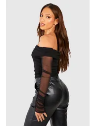 Tall Off The Shoulder Mesh Bodysuit - black - 1