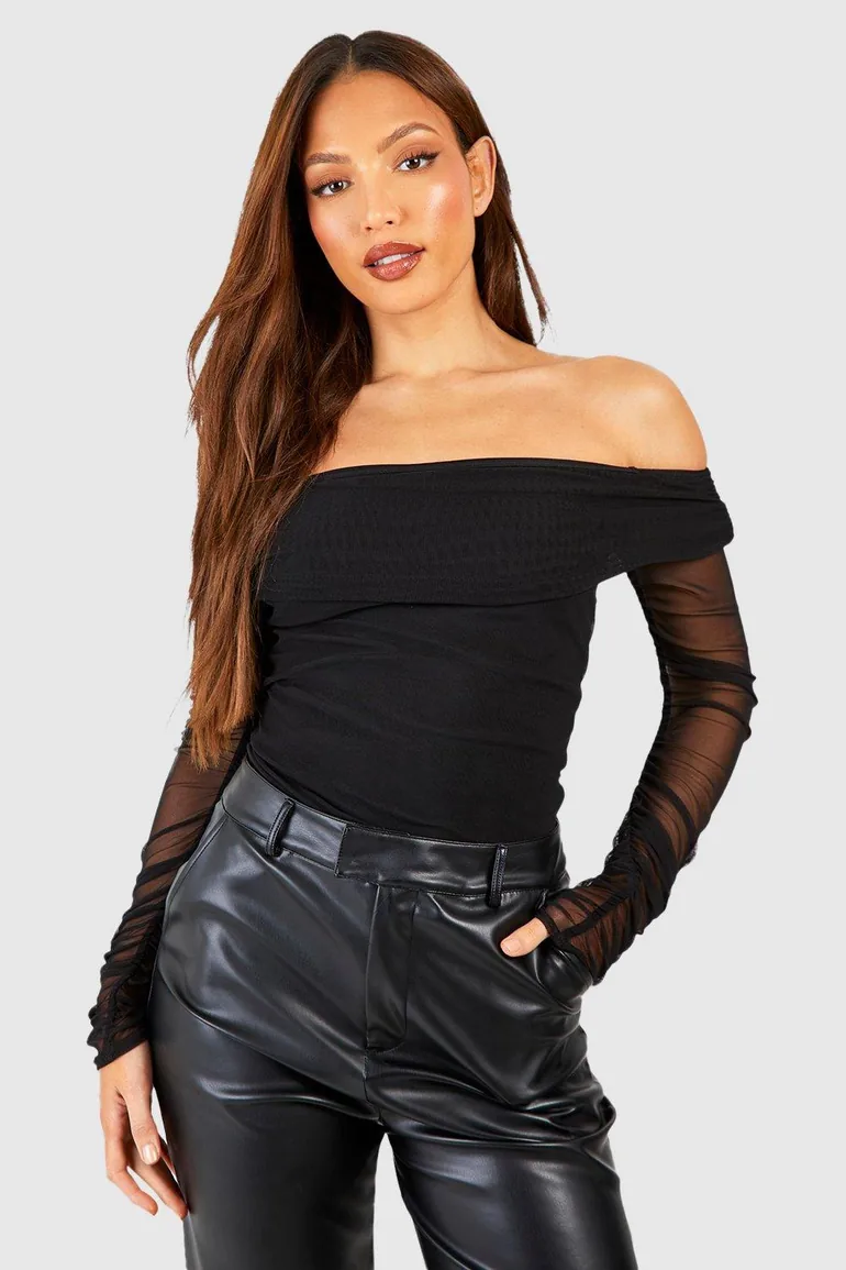 Tall Off The Shoulder Mesh Bodysuit - black
