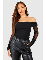 Tall Off The Shoulder Mesh Bodysuit - black