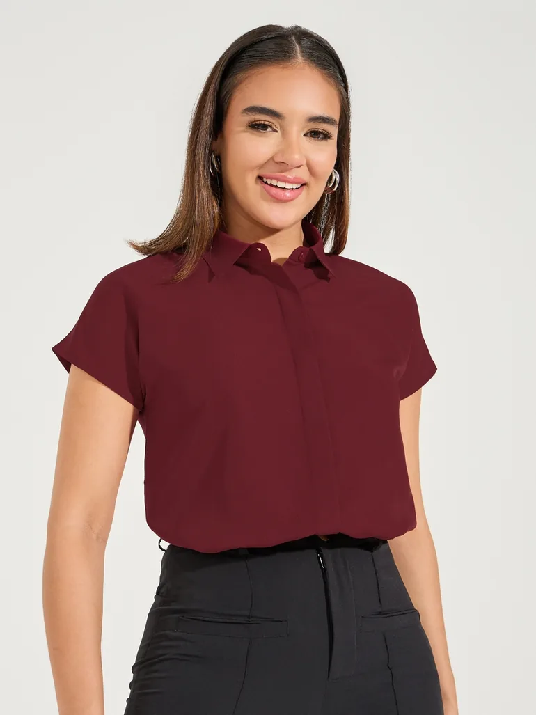 Solid Button Down Collared Shirt with Extended Sleeves - 1