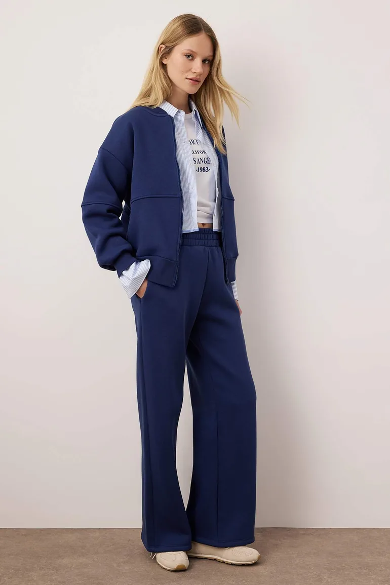 Navy Blue Oversize/Wide Fit Zippered Thick Fleece Lined Knitted Tracksuit Set