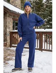 Navy Blue Oversize/Wide Fit Zippered Thick Fleece Lined Knitted Tracksuit Set - 4